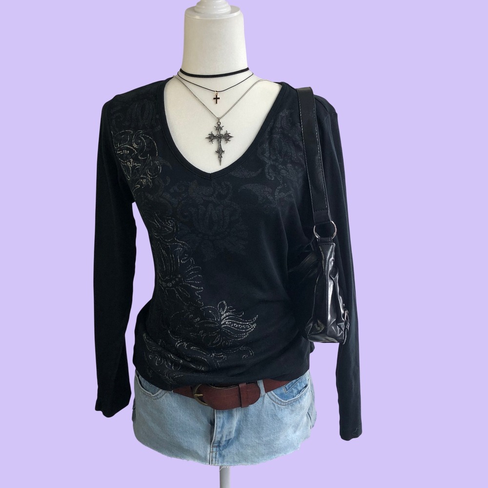 Y2K Black Glitter Floral Graphic V-Neck Long Sleeve Grunge Top Womens L